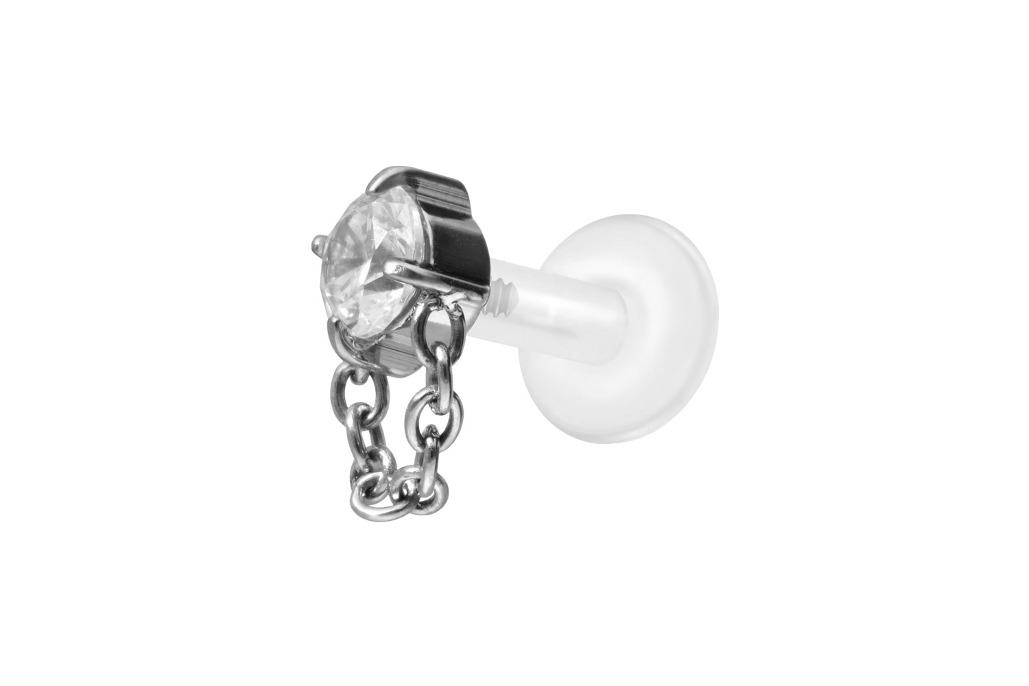 PTFE Labret Piercing mit Innengewinde + Titan-Aufsatz KRISTALL + KETTE